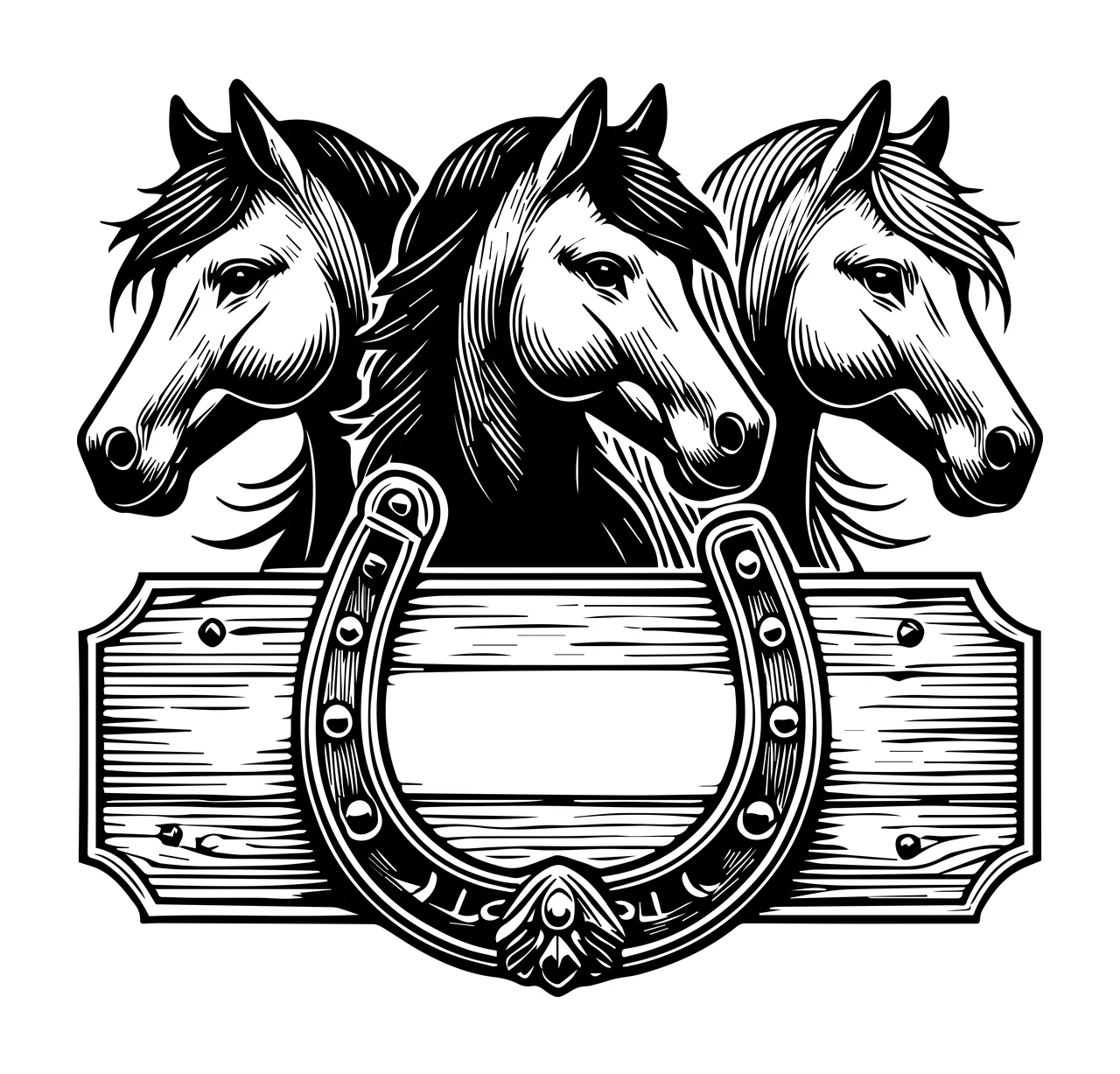 Horse Horses And Horseshoe Wooden Sign three heads posed board