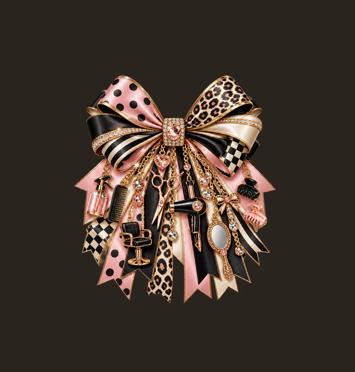 Hairstylist Bow Charm PNG, Themed Gold Chain Charms, Coquette Ribbon Sublimation Design, Transparent Digital Download contrast preview thumbnail