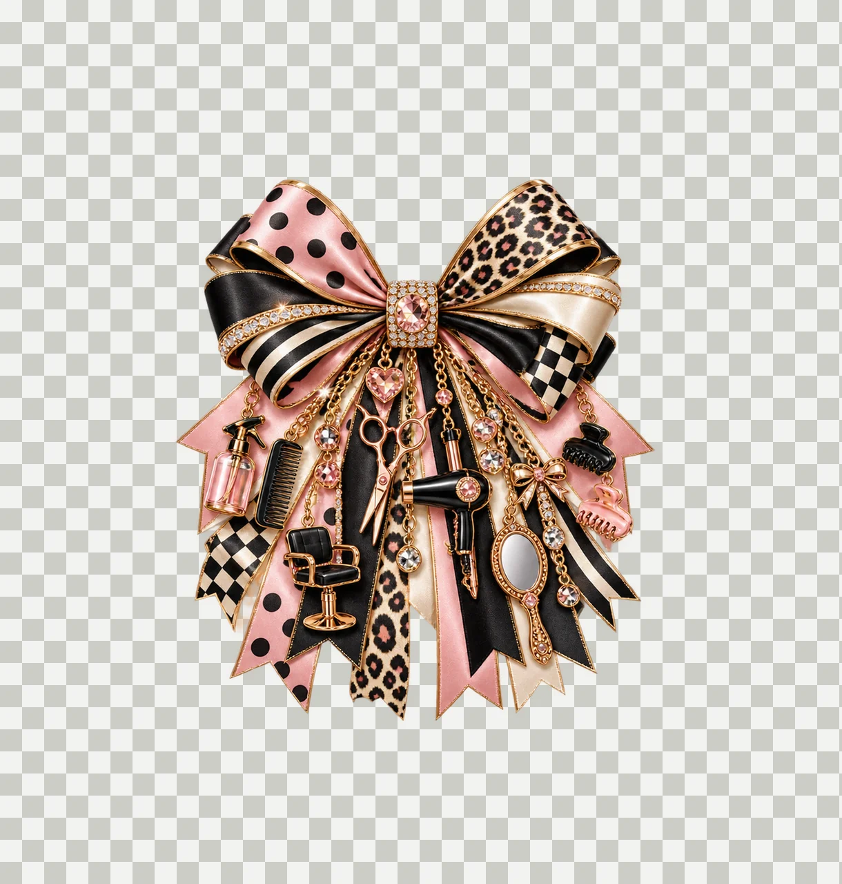 Hairstylist Bow Charm PNG, Themed Gold Chain Charms, Coquette Ribbon Sublimation Design, Transparent Digital Download transparency and detail preview thumbnail