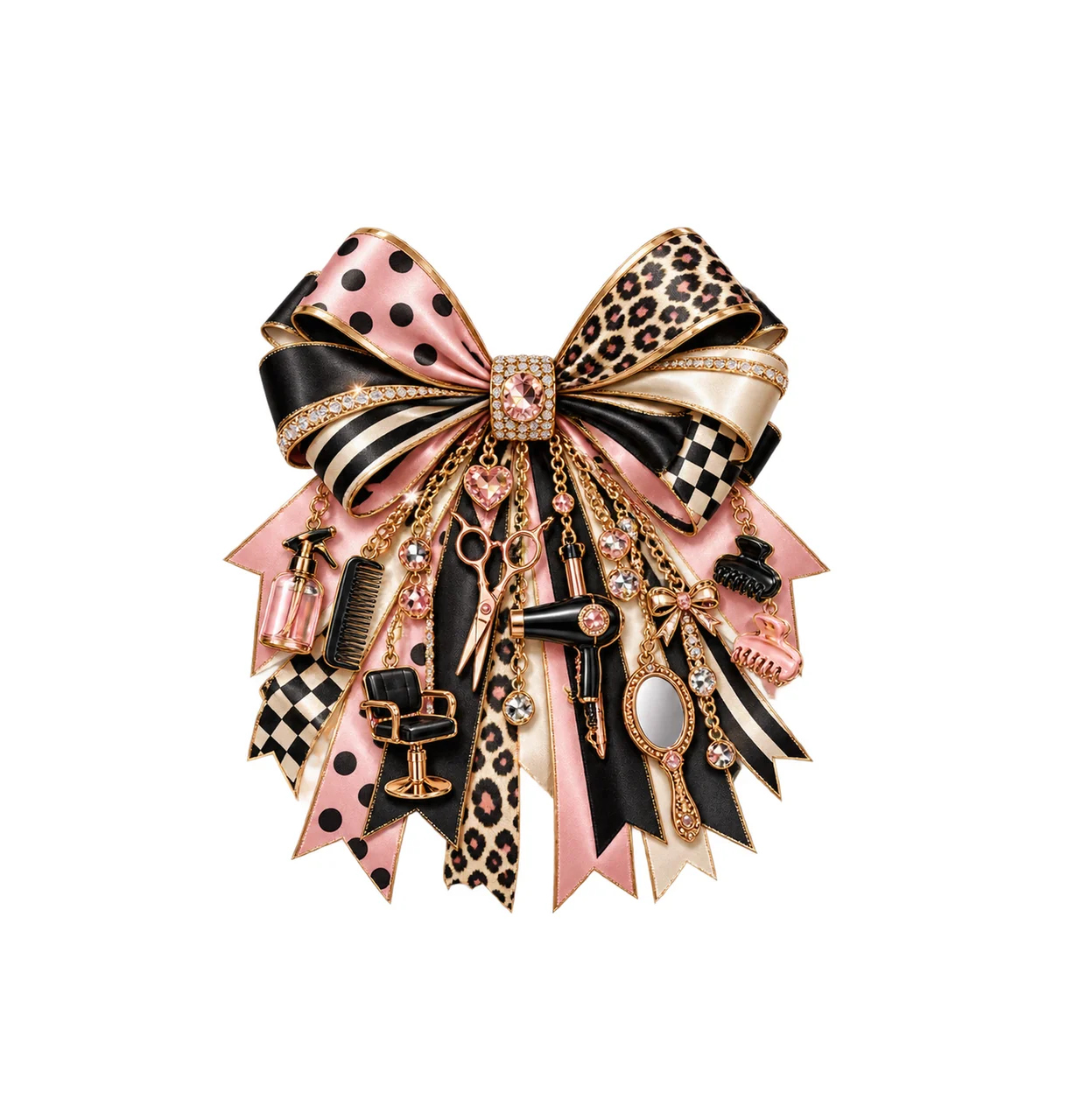 Hairstylist Bow Charm PNG, Themed Gold Chain Charms, Coquette Ribbon Sublimation Design, Transparent Digital Download