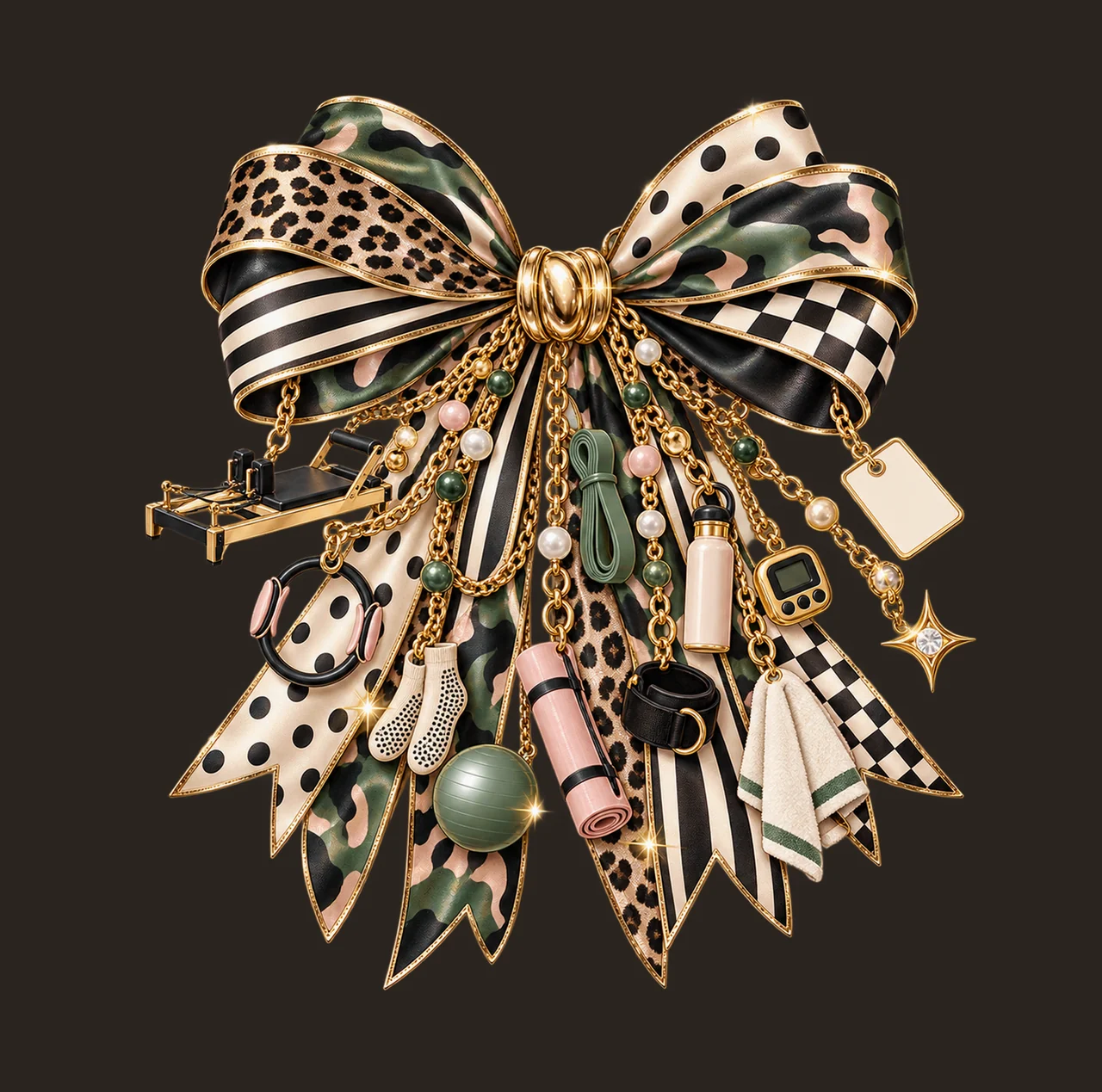 Pilates Lover Bow Charm PNG, Themed Gold Chain Charms, Coquette Ribbon Sublimation Design, Transparent Digital Download contrast preview thumbnail