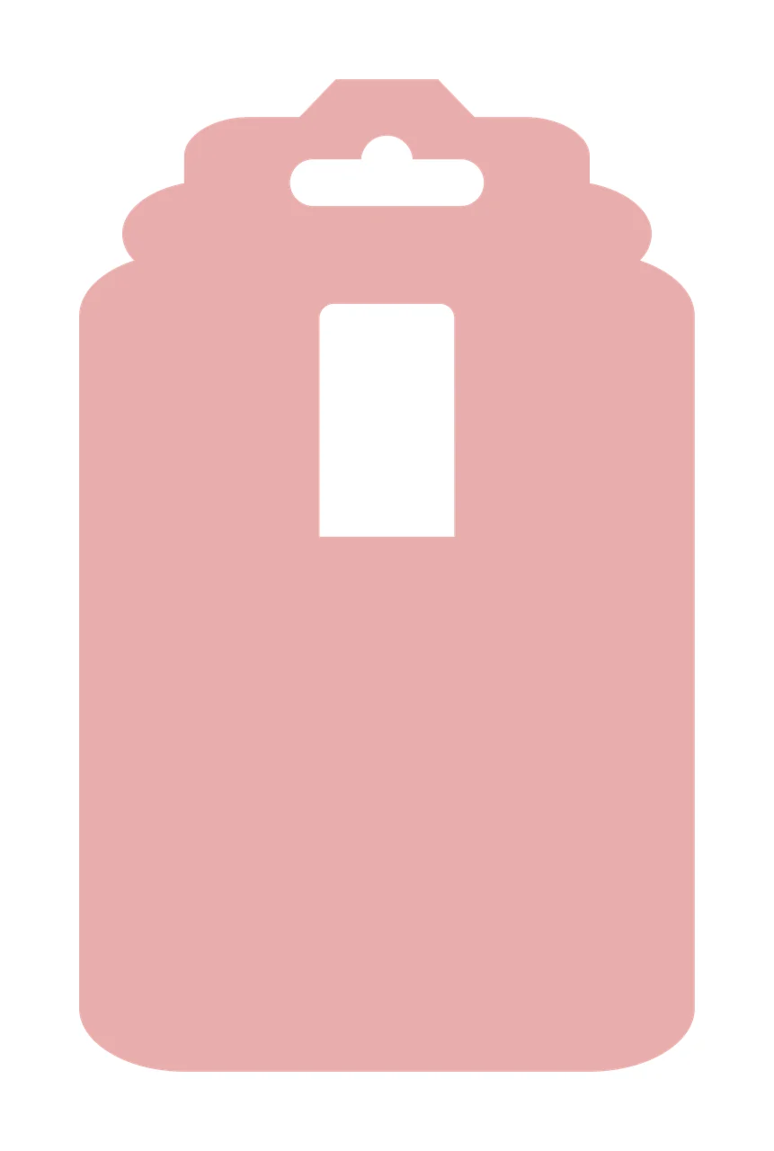 Hanging tag template with Euro slot hole, rectangular cutout, scalloped top border and rounded corners in dusty pink and white