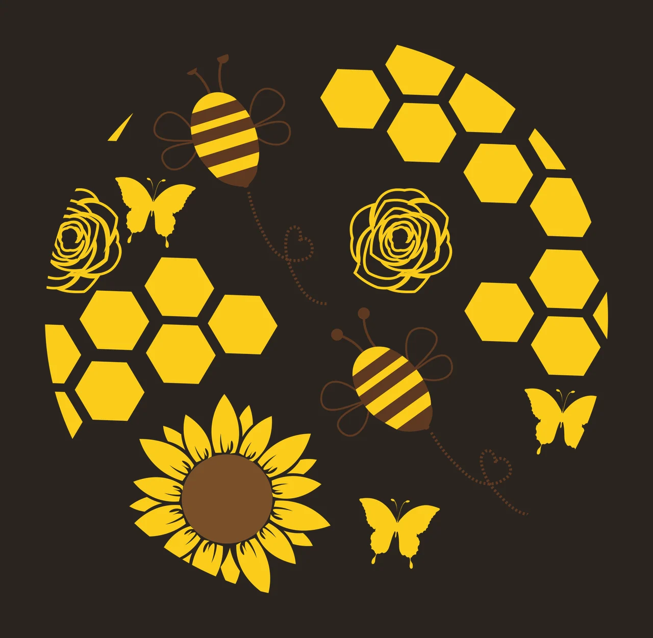 Keychain Bees And Flowers Line Art Pattern repeating hexagons contrast preview thumbnail