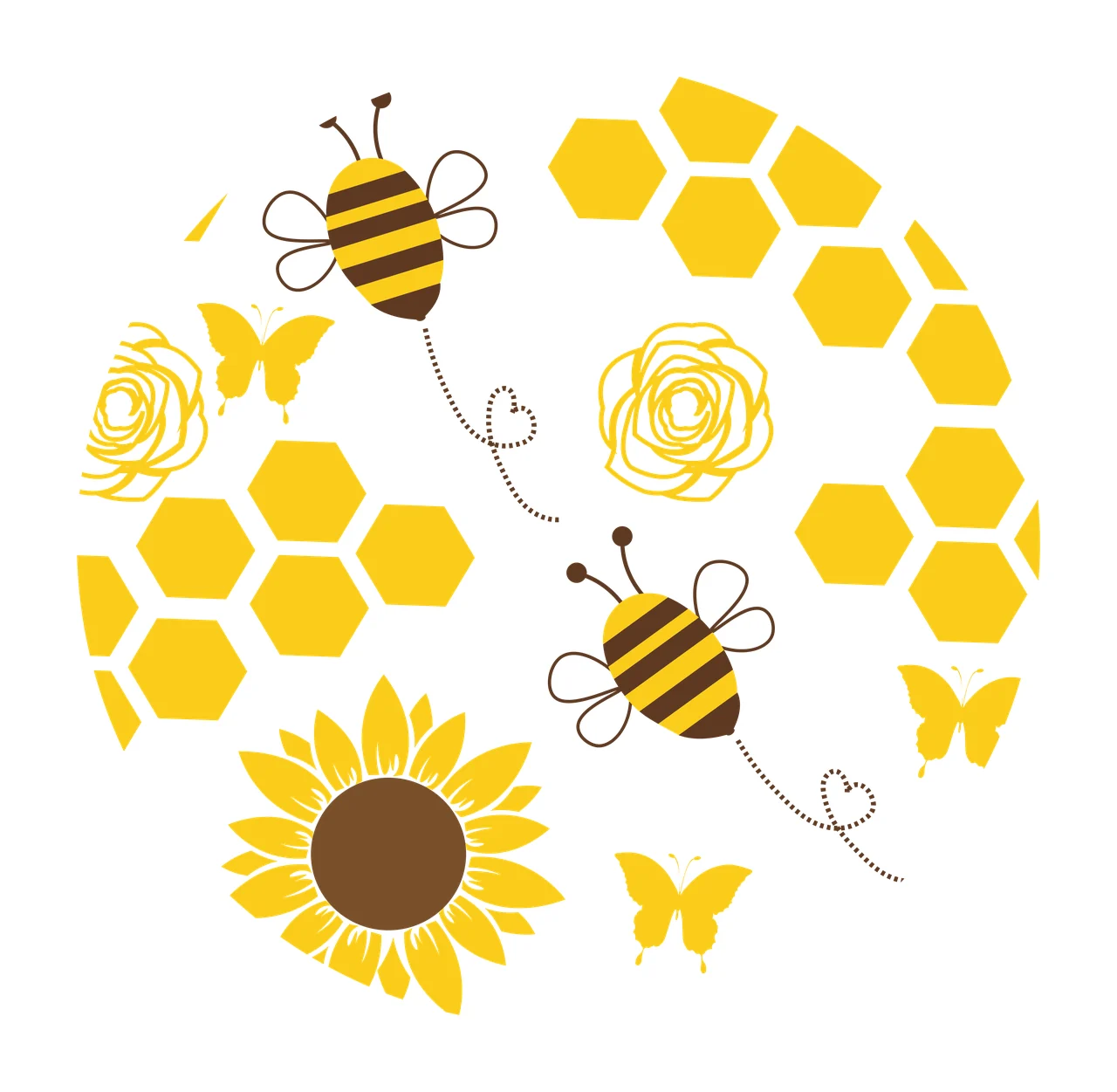 Keychain Bees And Flowers Line Art Pattern repeating hexagons