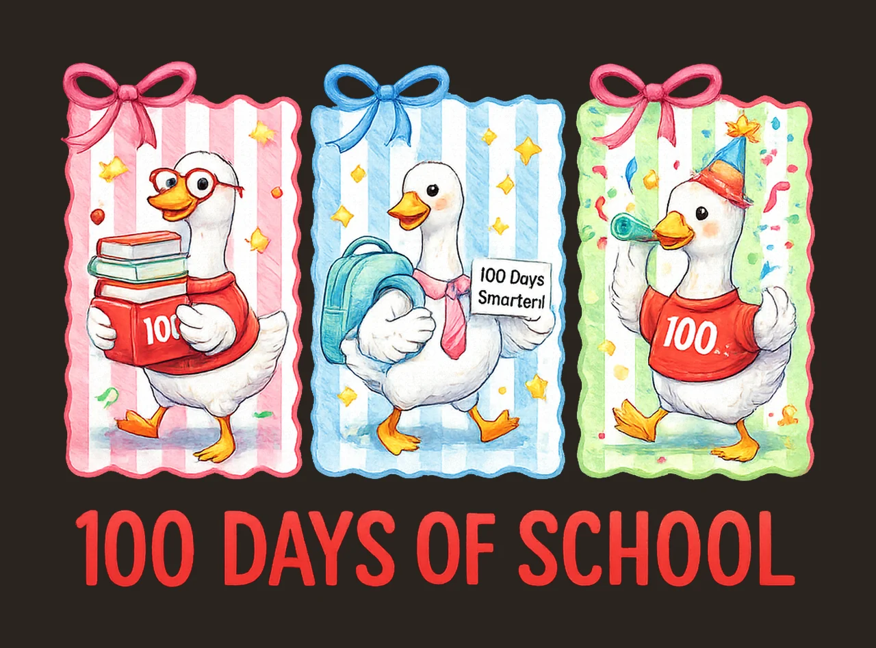 100 Days of School Goose Pink Coquette Girls Shirt Design contrast preview thumbnail