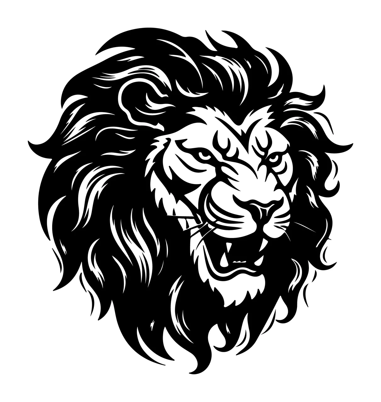 Lion Head Roaring Graphic mane ink illustration black white