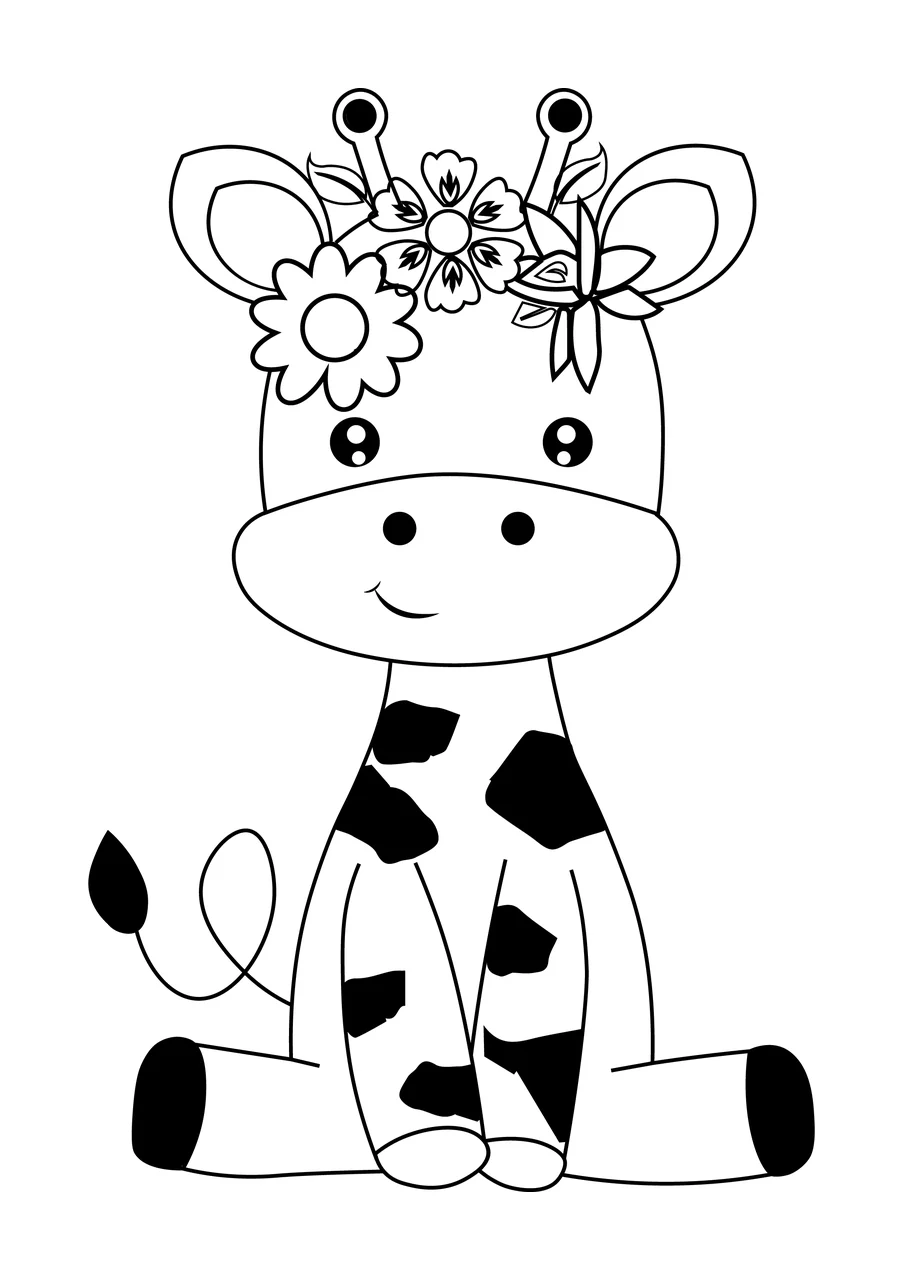 Animal Giraffe With Flowers Outline Illustration spots tail