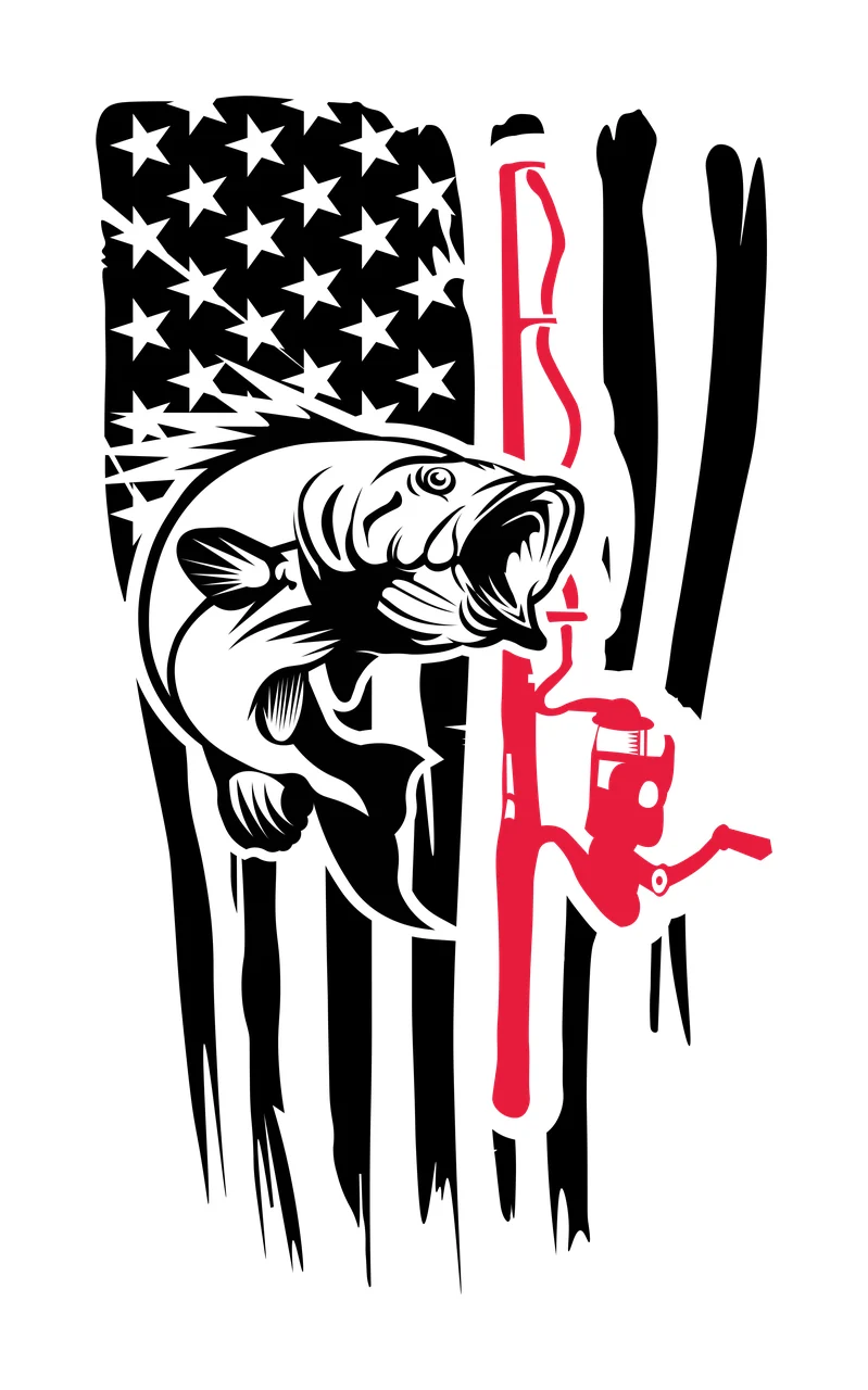 Fishing Flag Graphic With Fish leaping rod grunge black white
