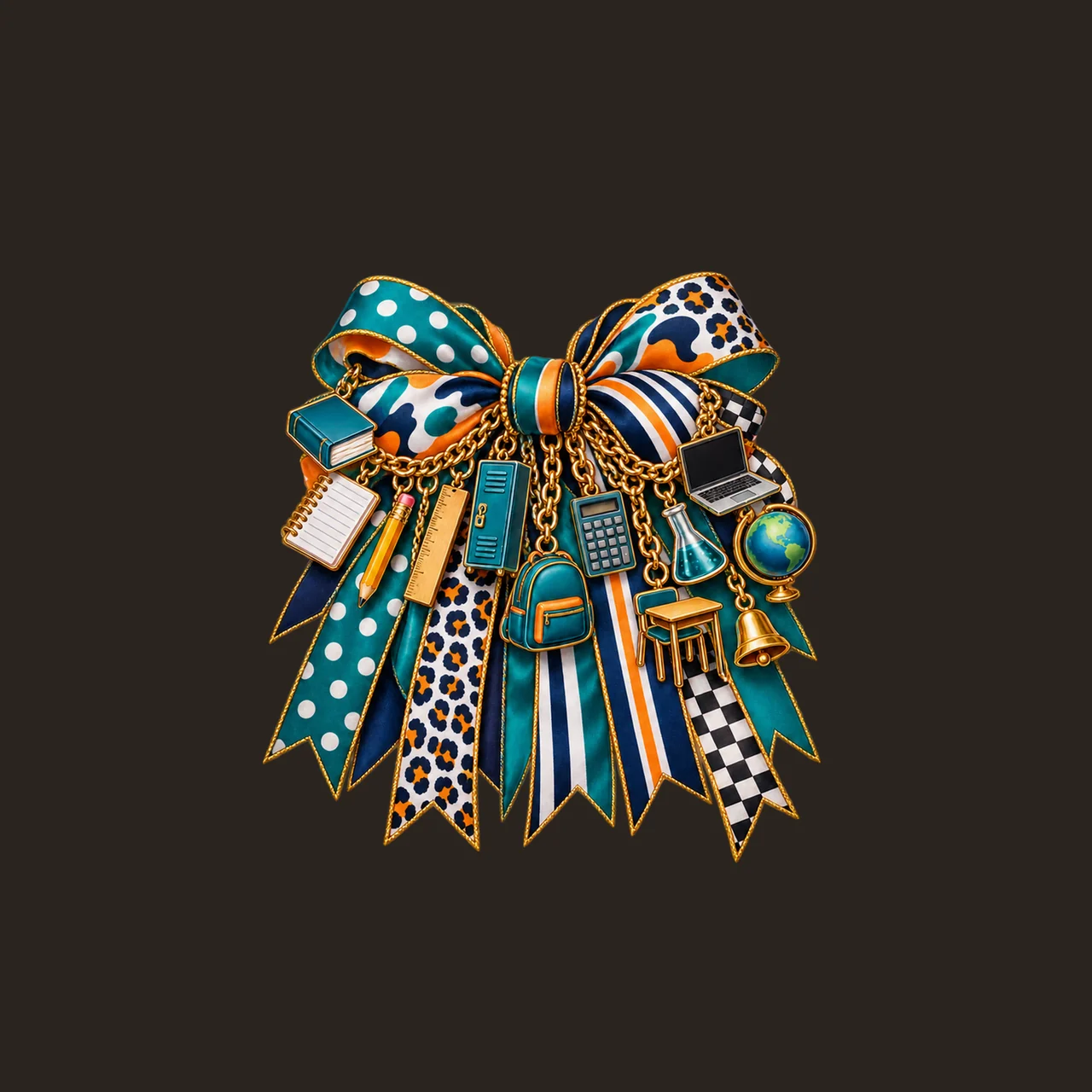 Middle School Teacher Bow Charm PNG, Gold Chain Charms, Transparent Sublimation Design, Digital Download contrast preview thumbnail