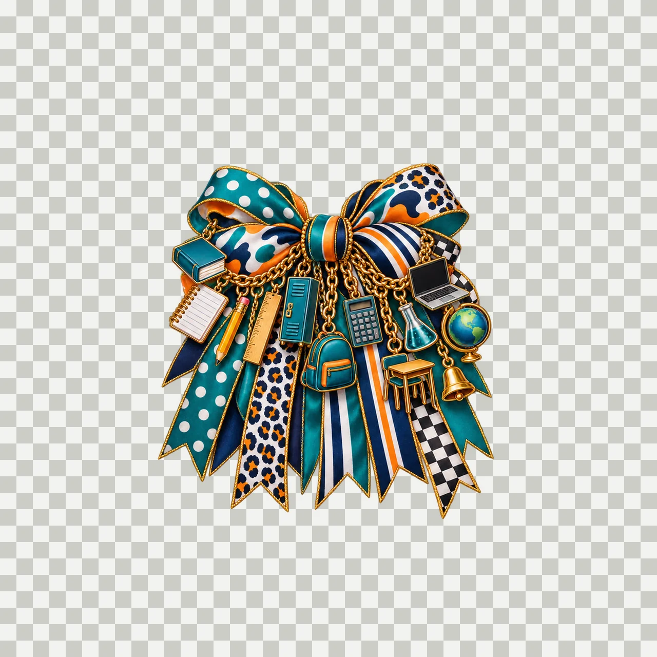 Middle School Teacher Bow Charm PNG, Gold Chain Charms, Transparent Sublimation Design, Digital Download transparency and detail preview thumbnail