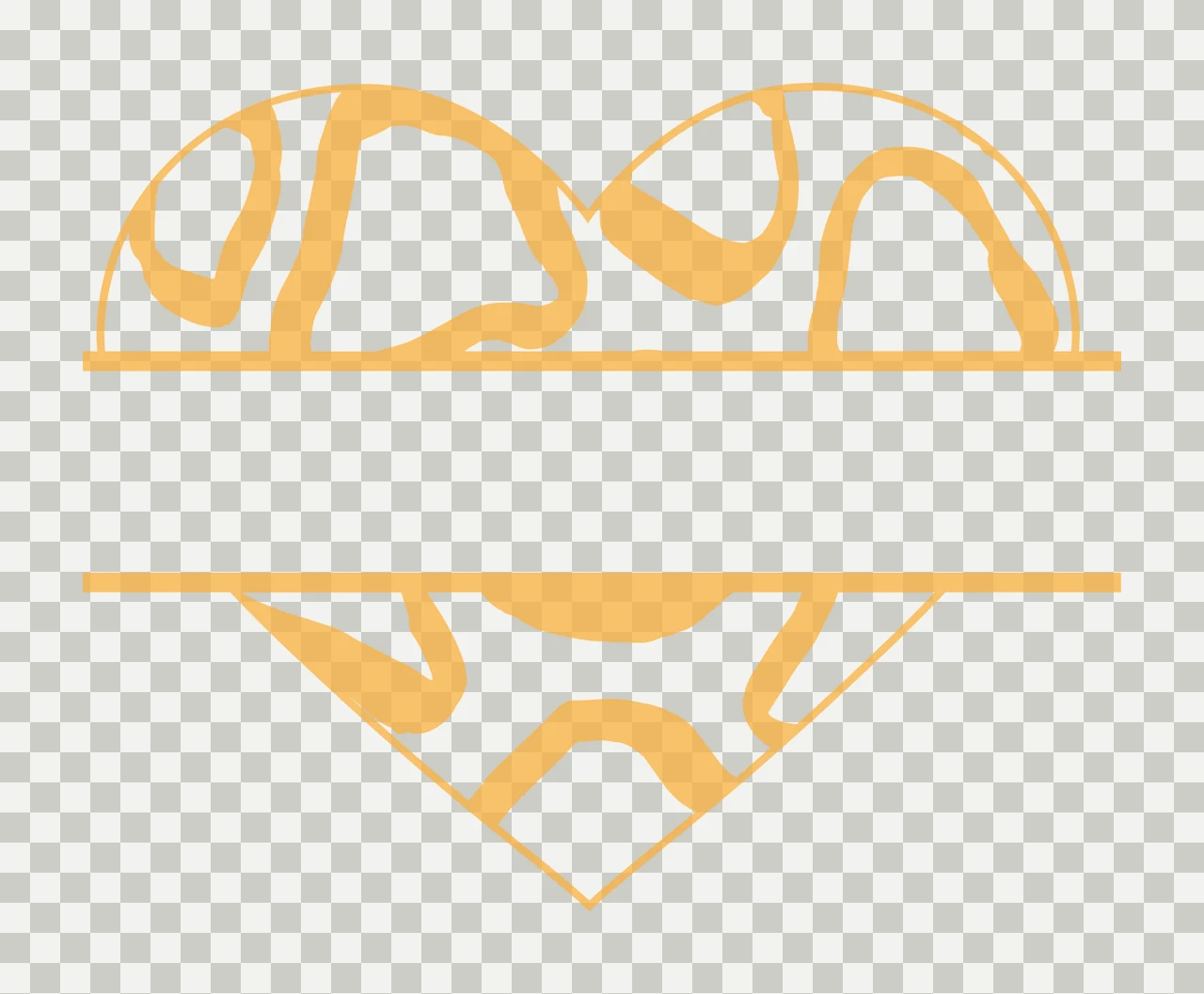 Split heart monogram frame with animal print, giraffe spots, horizontal bars and text space in gold, orange and white transparency and detail preview thumbnail