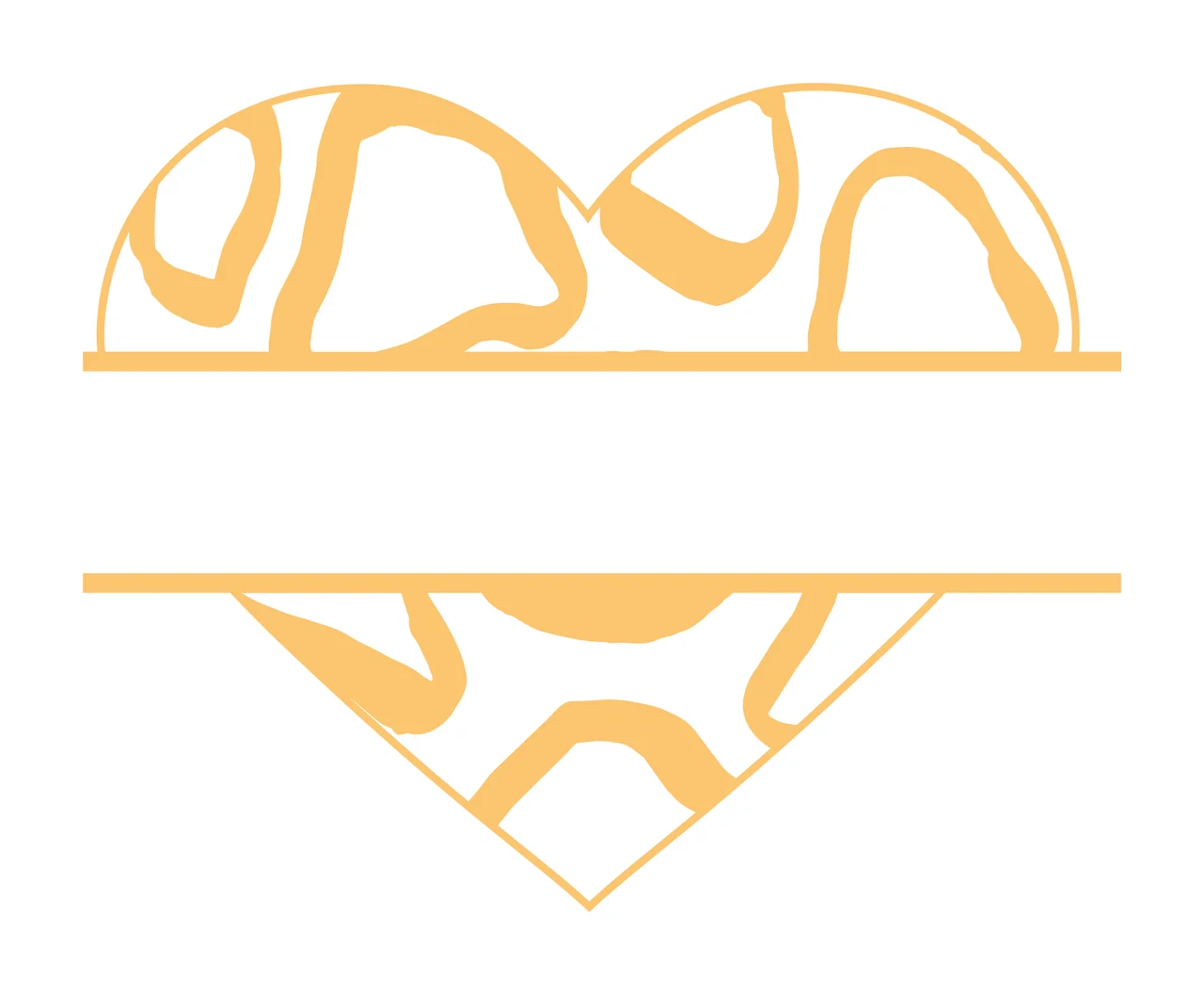 Split heart monogram frame with animal print, giraffe spots, horizontal bars and text space in gold, orange and white