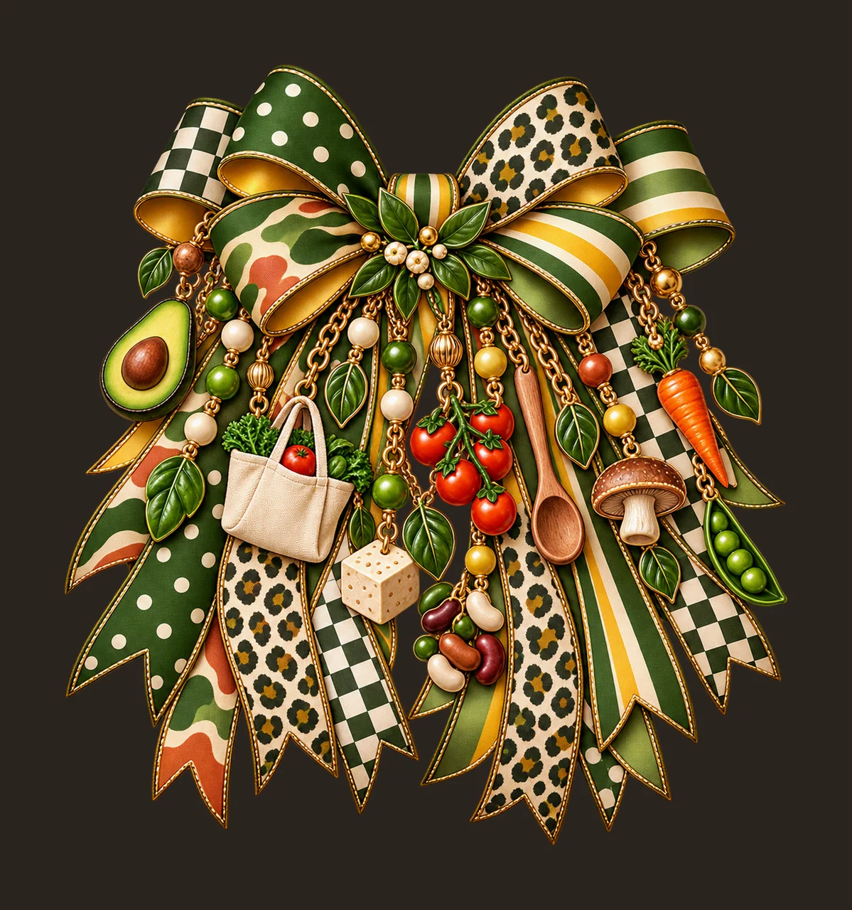 Vegan Food Lover Bow Charm PNG, Avocado Tofu Vegetables and Leaf Charms, Plant Based Sublimation Design, Transparent Download contrast preview thumbnail