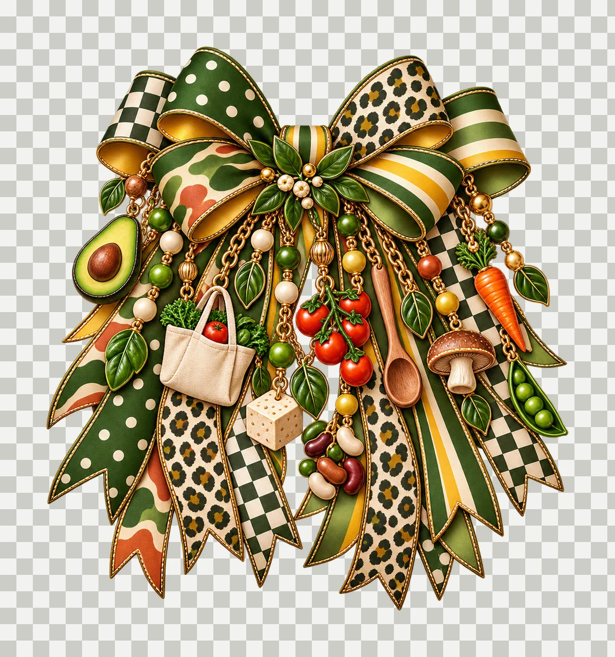 Vegan Food Lover Bow Charm PNG, Avocado Tofu Vegetables and Leaf Charms, Plant Based Sublimation Design, Transparent Download transparency and detail preview thumbnail