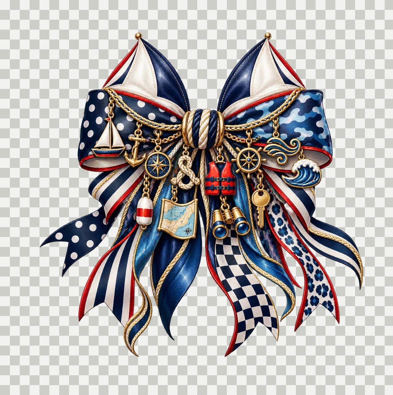Sailing Lover Bow Charm PNG, Themed Gold Chain Charms, Coquette Ribbon Sublimation Design, Transparent Digital Download transparency and detail preview thumbnail