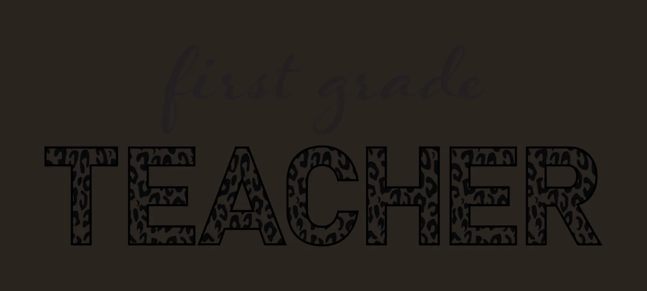 First grade TEACHER Typography Design with cursive font, leopard print pattern and block lettering in black and white contrast preview thumbnail