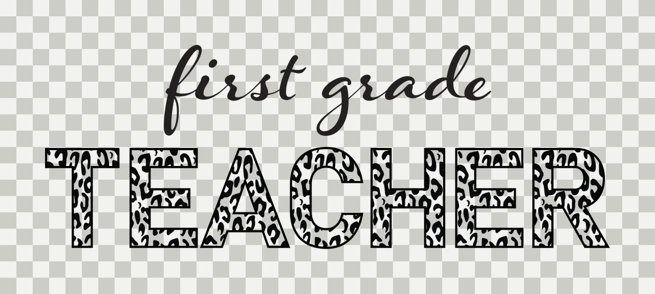First grade TEACHER Typography Design with cursive font, leopard print pattern and block lettering in black and white transparency and detail preview thumbnail