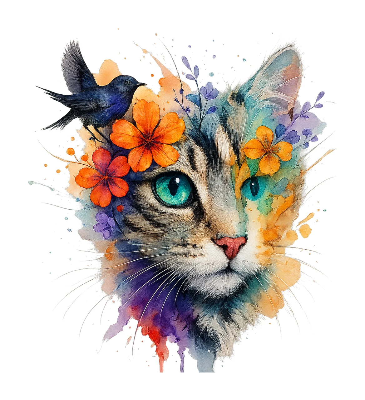 Watercolor Floral Cat Artwork Abstract Whimsical Design