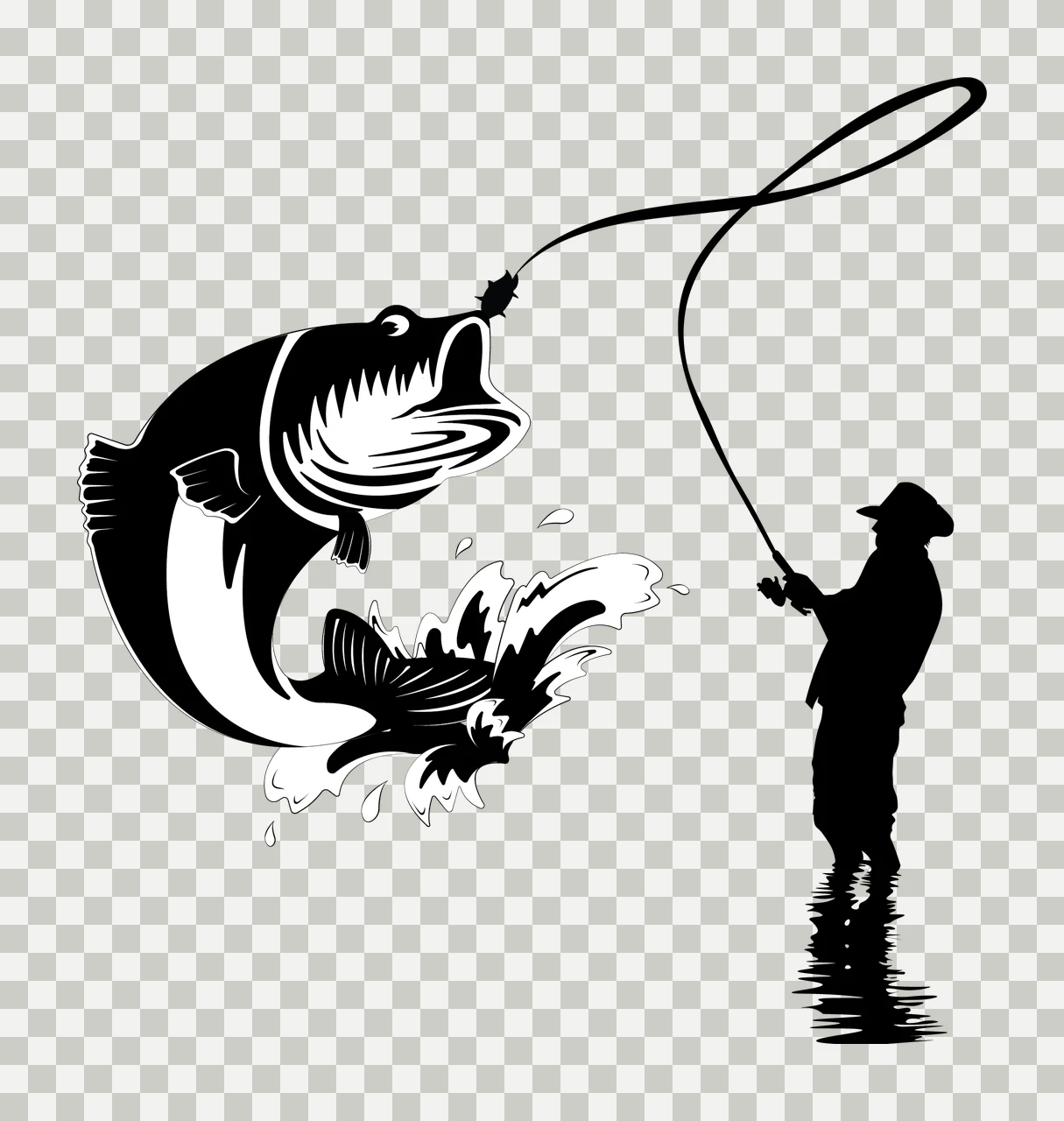 Fisherman Fish Silhouette With Jumping Large fishing rod water transparency and detail preview thumbnail