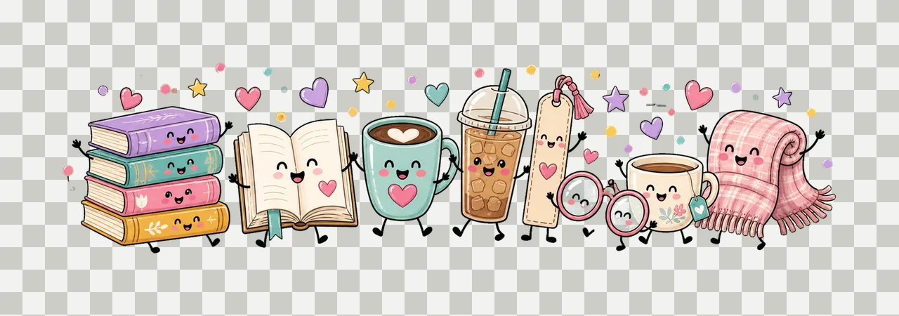 Books and Coffee Characters Doodle Cute Happy Variation B transparency and detail preview thumbnail