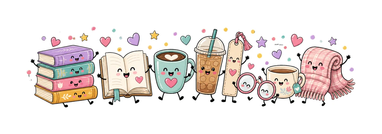 Books and Coffee Characters Doodle Cute Happy Variation B