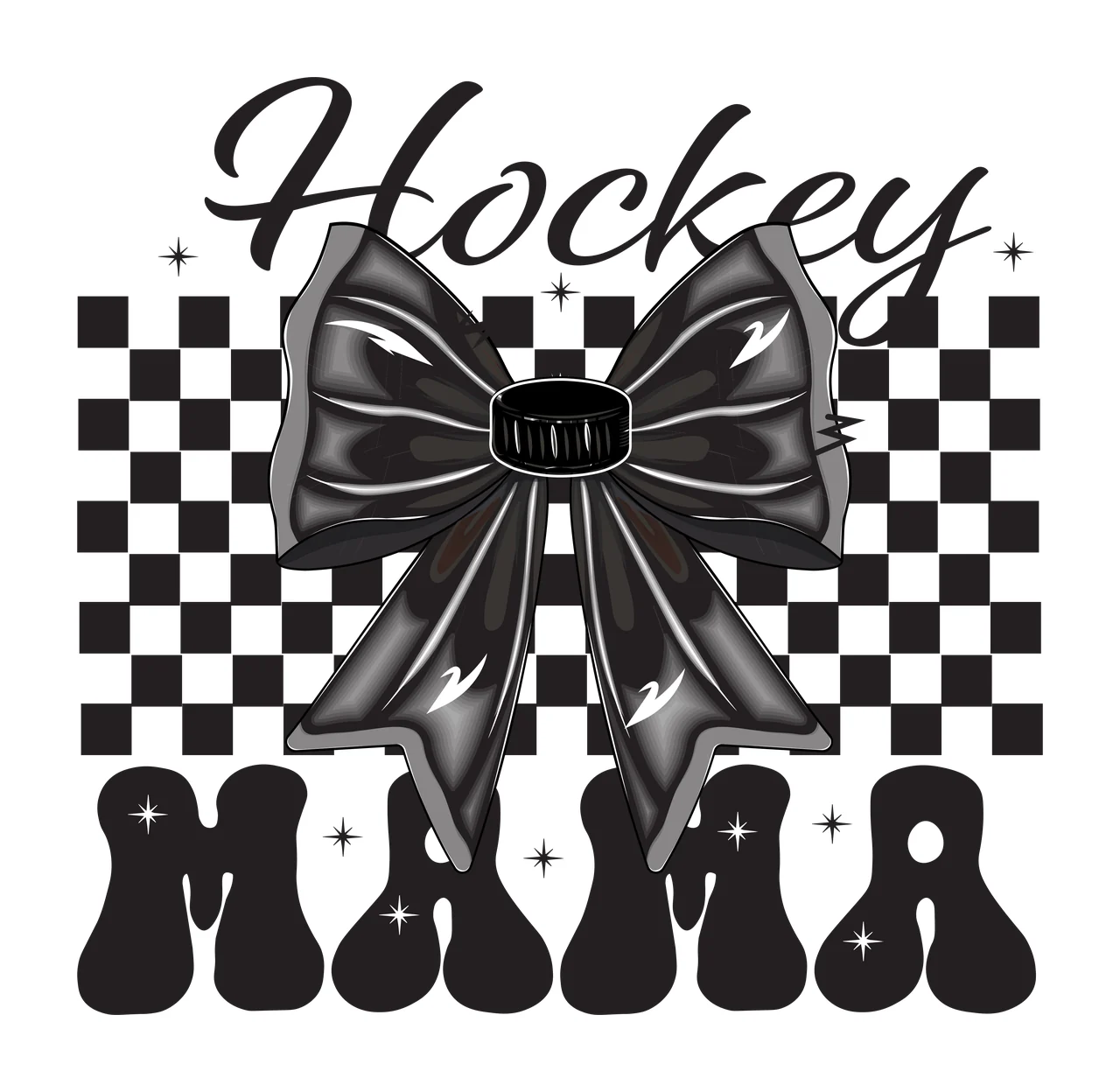 Hockey Mama Text With Checkered Pattern bow stars black white