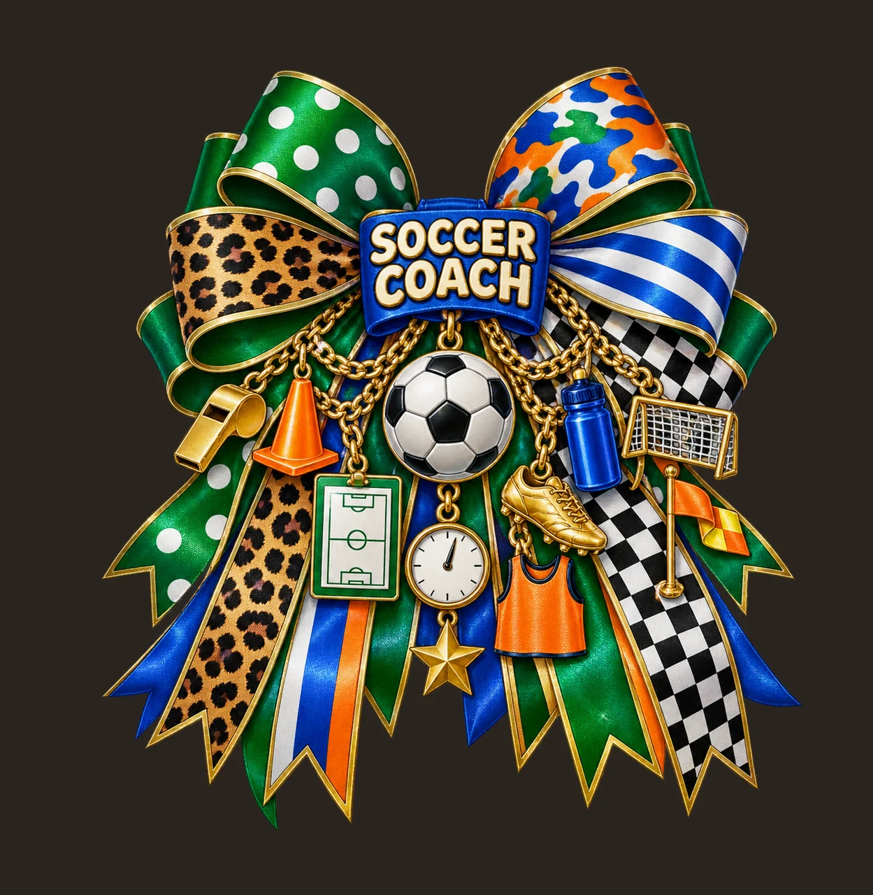 Soccer Coach Bow Charm PNG, Gold Chain Charms, Transparent Sublimation Design, Digital Download contrast preview thumbnail