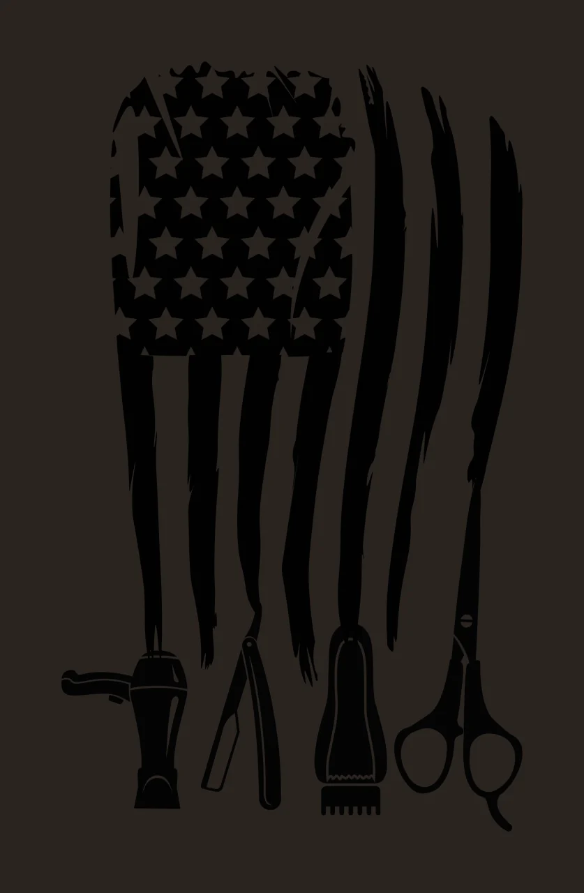 Silhouette Design of Barber tools and American flag design with distressed stripes, stars canton, hair dryer and straight razor in black and white contrast preview thumbnail