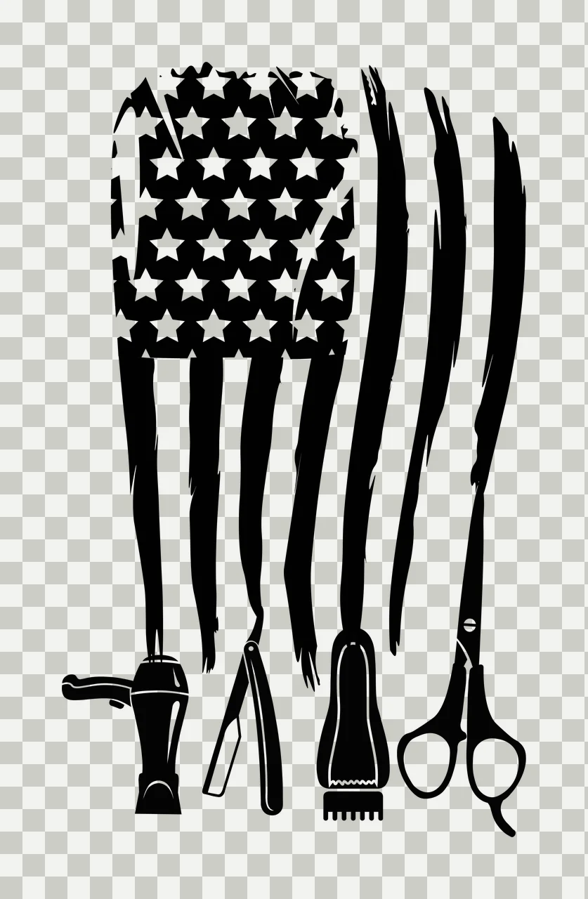 Silhouette Design of Barber tools and American flag design with distressed stripes, stars canton, hair dryer and straight razor in black and white transparency and detail preview thumbnail