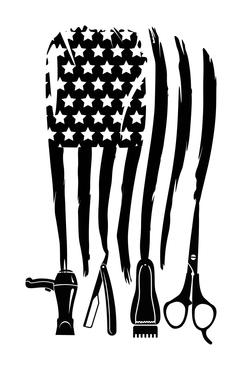 Silhouette Design of Barber tools and American flag design with distressed stripes, stars canton, hair dryer and straight razor in black and white