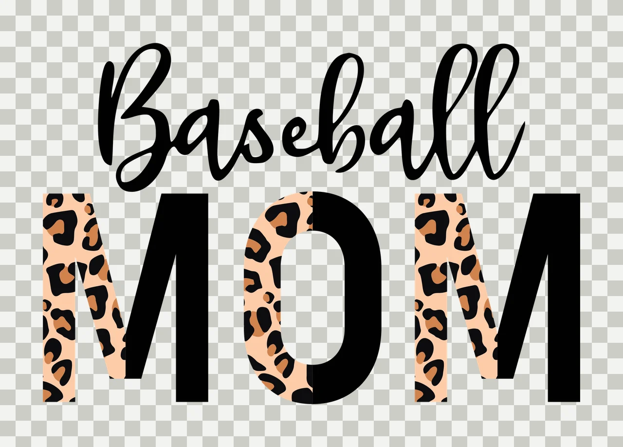Baseball MOM Typography Design with leopard print, black cursive text and black block letters in tan and brown transparency and detail preview thumbnail