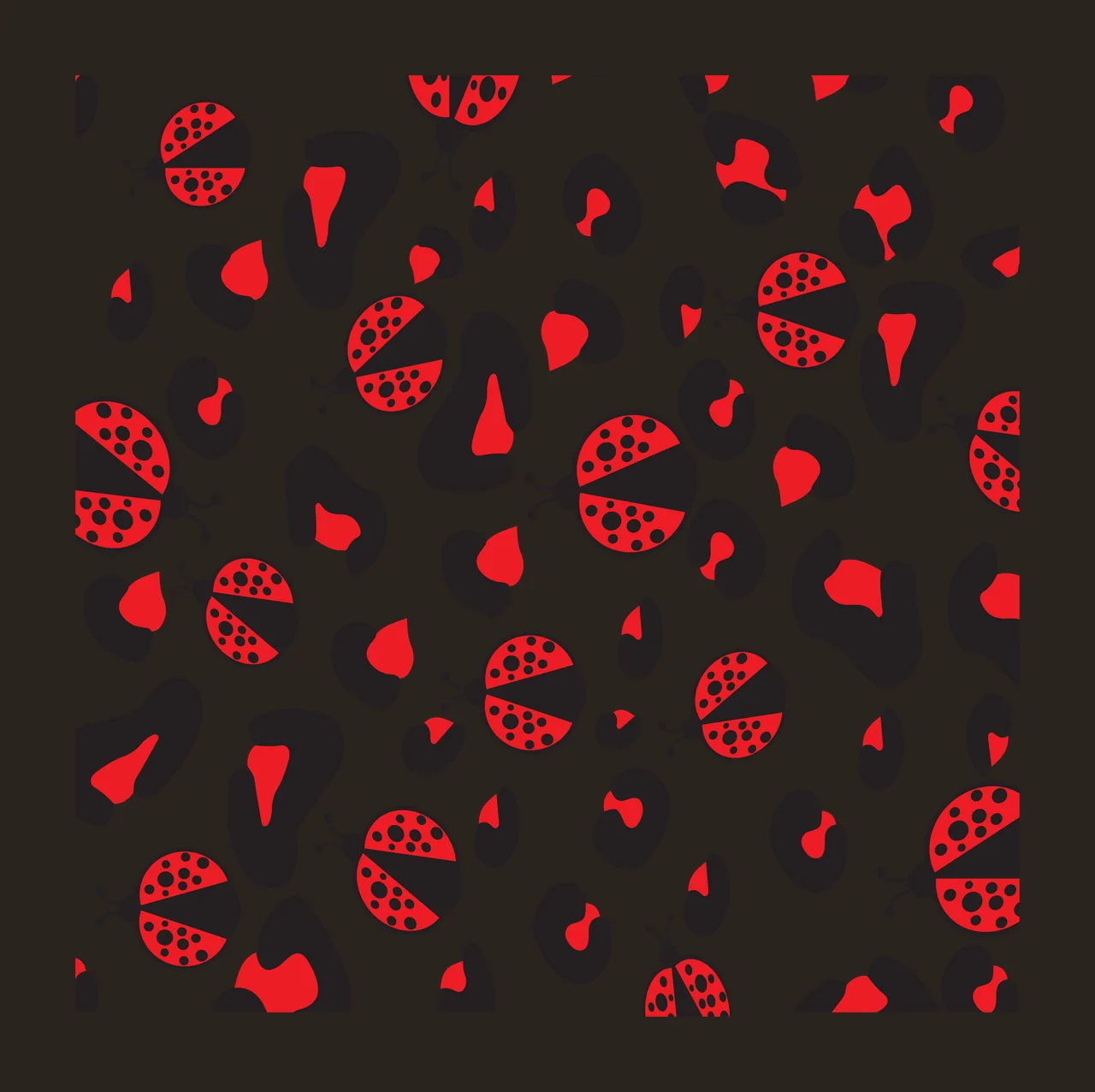 Flat Cartoon Illustration of Seamless pattern with ladybugs and abstract leopard spots with red ladybug with black spots and red heart-shaped accents in white contrast preview thumbnail