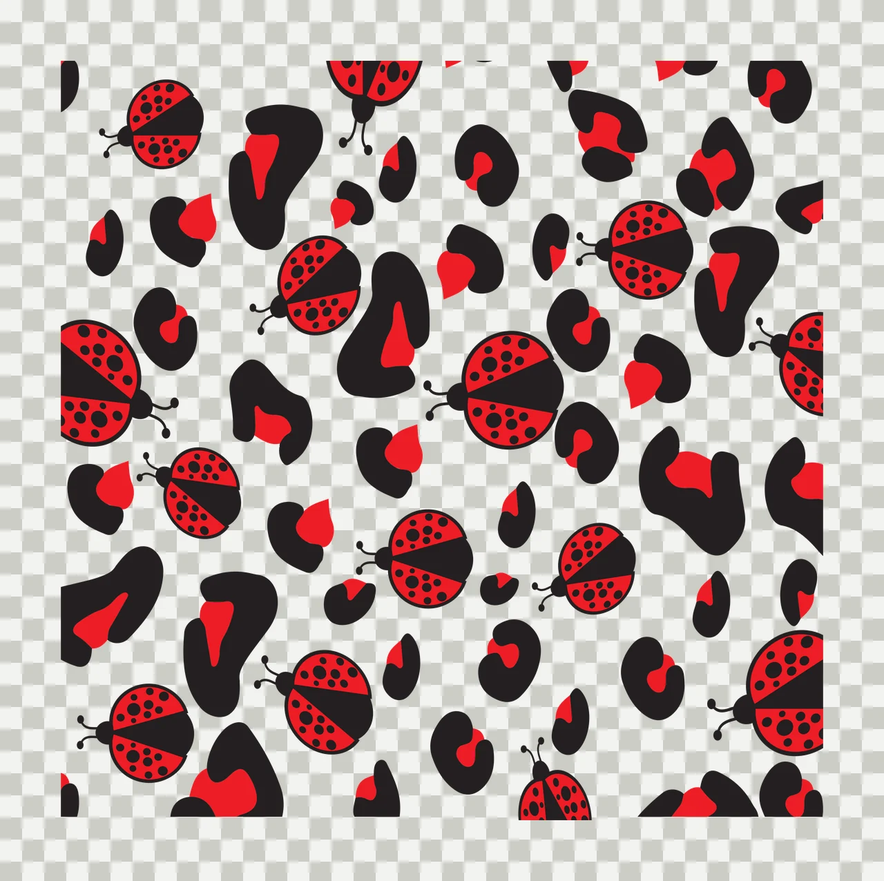 Flat Cartoon Illustration of Seamless pattern with ladybugs and abstract leopard spots with red ladybug with black spots and red heart-shaped accents in white transparency and detail preview thumbnail