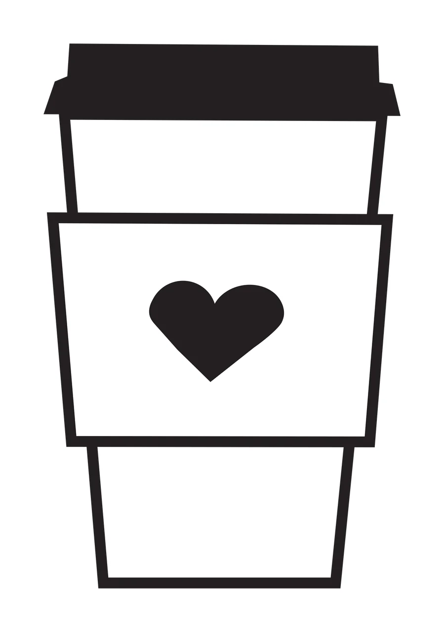 Line Art Illustration of Coffee cup icon with black coffee cup, black lid, black heart and white sleeve