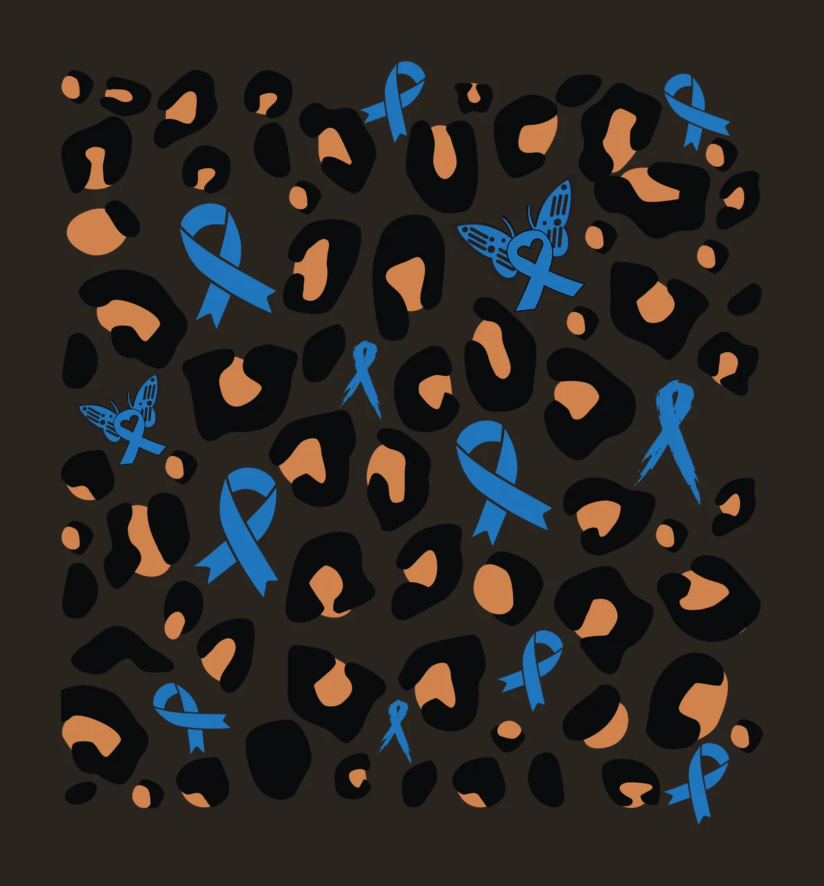 Leopard print pattern with blue ribbons and butterfly motifs Illustration with blue awareness ribbon, butterfly with heart-shaped wing, black leopard spots and tan leopard spots contrast preview thumbnail