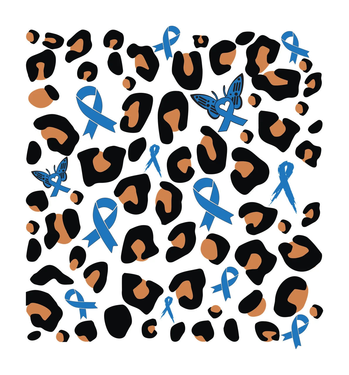Leopard print pattern with blue ribbons and butterfly motifs Illustration with blue awareness ribbon, butterfly with heart-shaped wing, black leopard spots and tan leopard spots