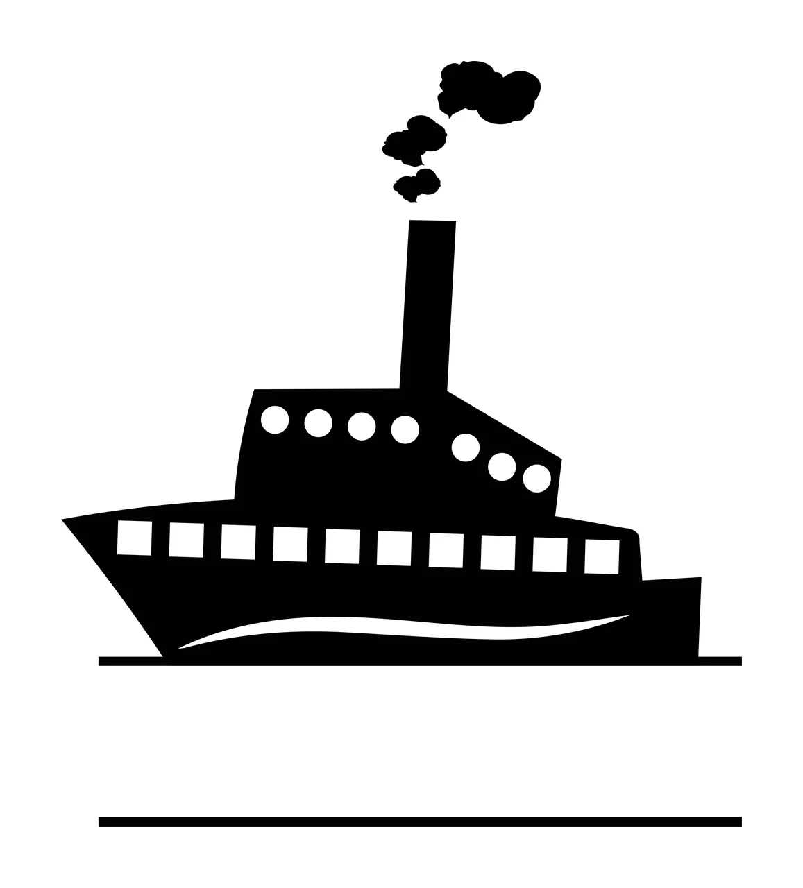 Silhouette Design of steamboat with ship silhouette, smokestack, smoke puffs and portholes in black and white