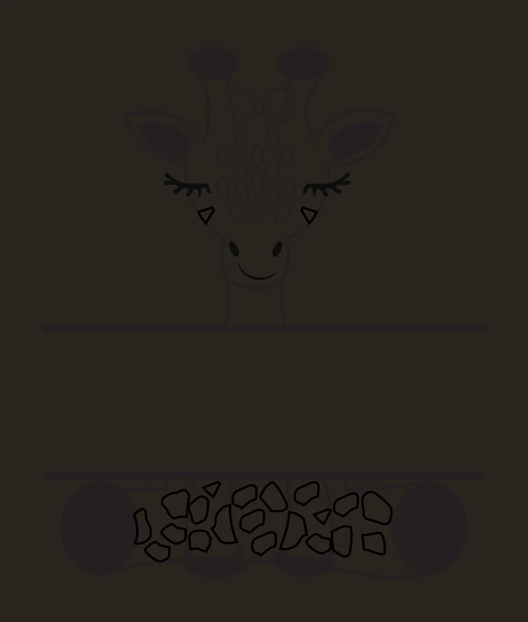 Cartoon Illustration of Giraffe head with bow and spotted neck with spotted pattern, two horns, eyelashes and smiling face in black and white contrast preview thumbnail