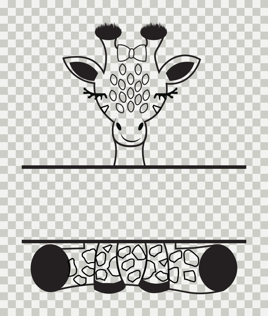 Cartoon Illustration of Giraffe head with bow and spotted neck with spotted pattern, two horns, eyelashes and smiling face in black and white transparency and detail preview thumbnail