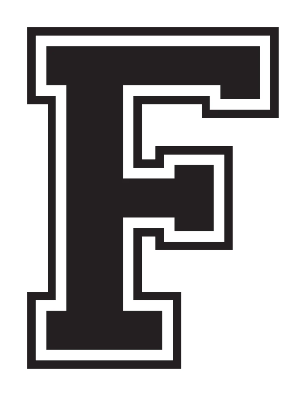 F Letter Design with capital letter F, block serif font, double outline and black fill in white