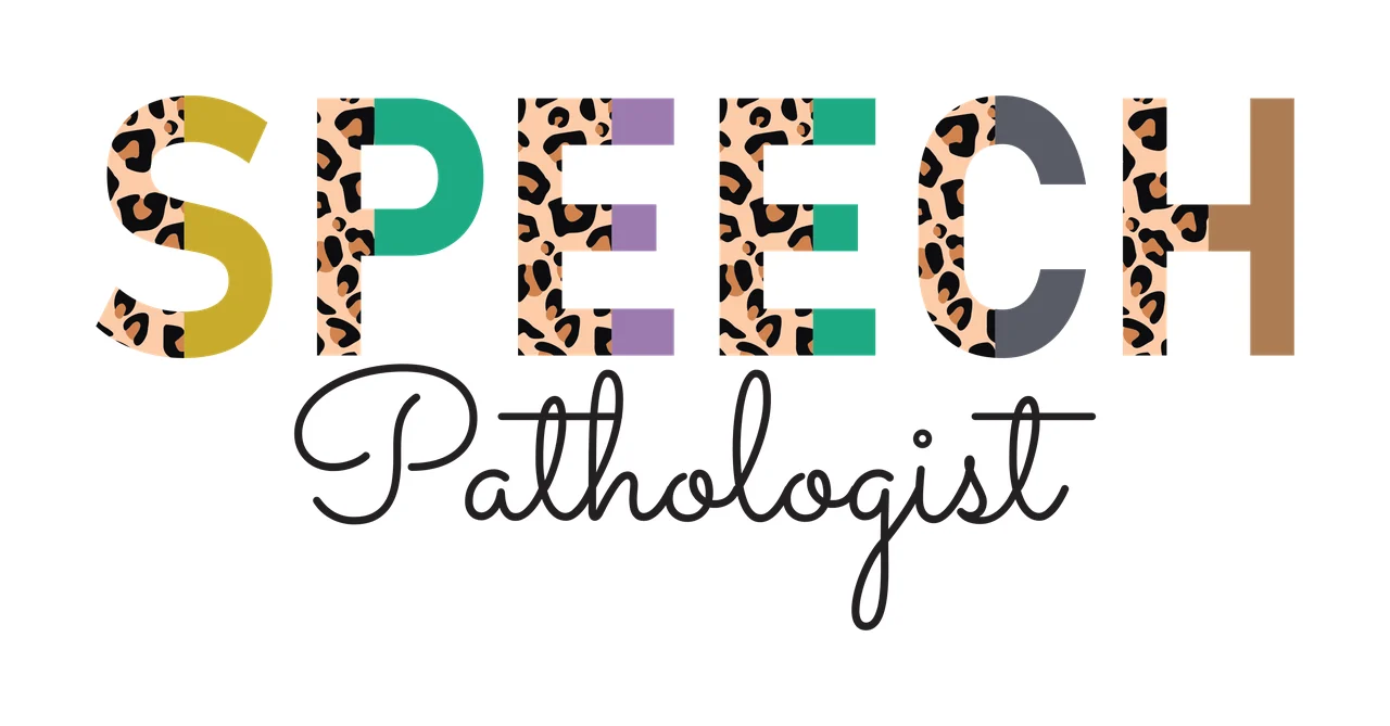 SPEECH Pathologist typography Design with split lettering, leopard print, block text and cursive script in gold, teal and purple