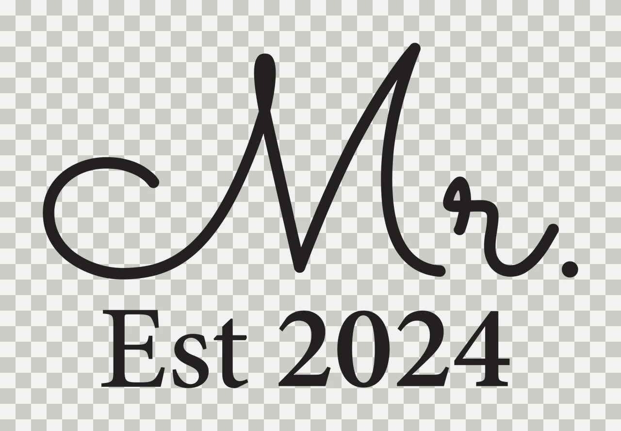 Mr. Est 2024 Typography Design with black cursive 'Mr ' and black serif 'Est 2024' in white transparency and detail preview thumbnail
