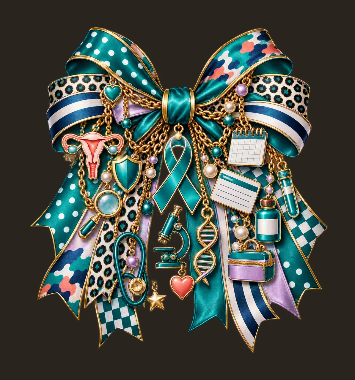 Cervical Cancer Awareness Bow Charm PNG, Teal Ribbon Screening Microscope and Health Charms, Transparent Sublimation Design contrast preview thumbnail