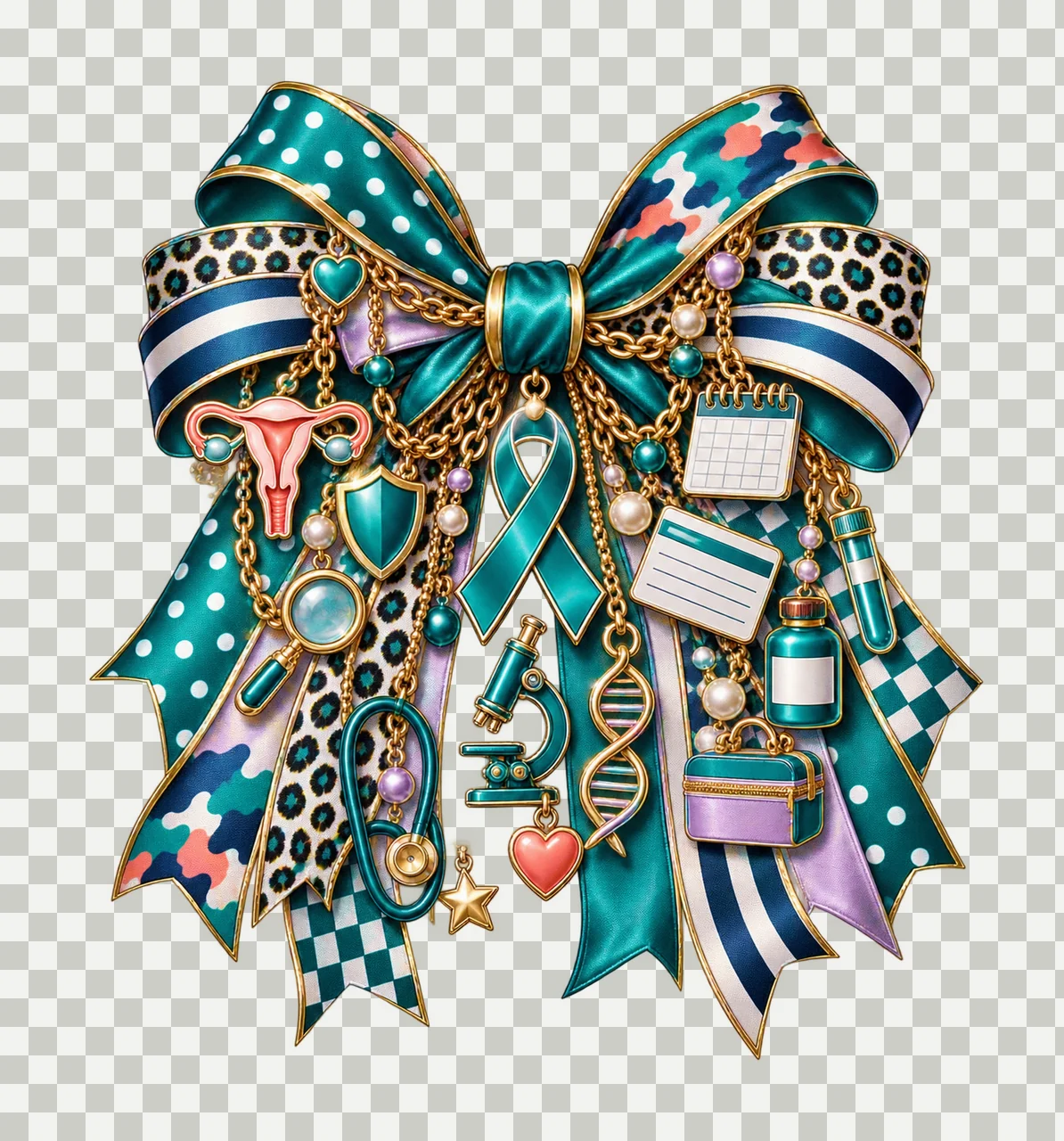 Cervical Cancer Awareness Bow Charm PNG, Teal Ribbon Screening Microscope and Health Charms, Transparent Sublimation Design transparency and detail preview thumbnail