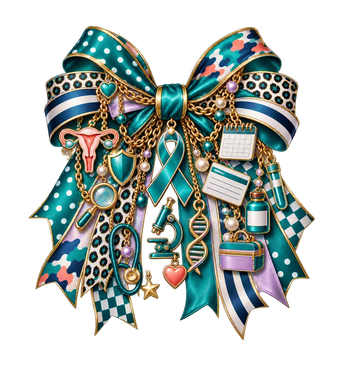 Cervical Cancer Awareness Bow Charm PNG, Teal Ribbon Screening Microscope and Health Charms, Transparent Sublimation Design