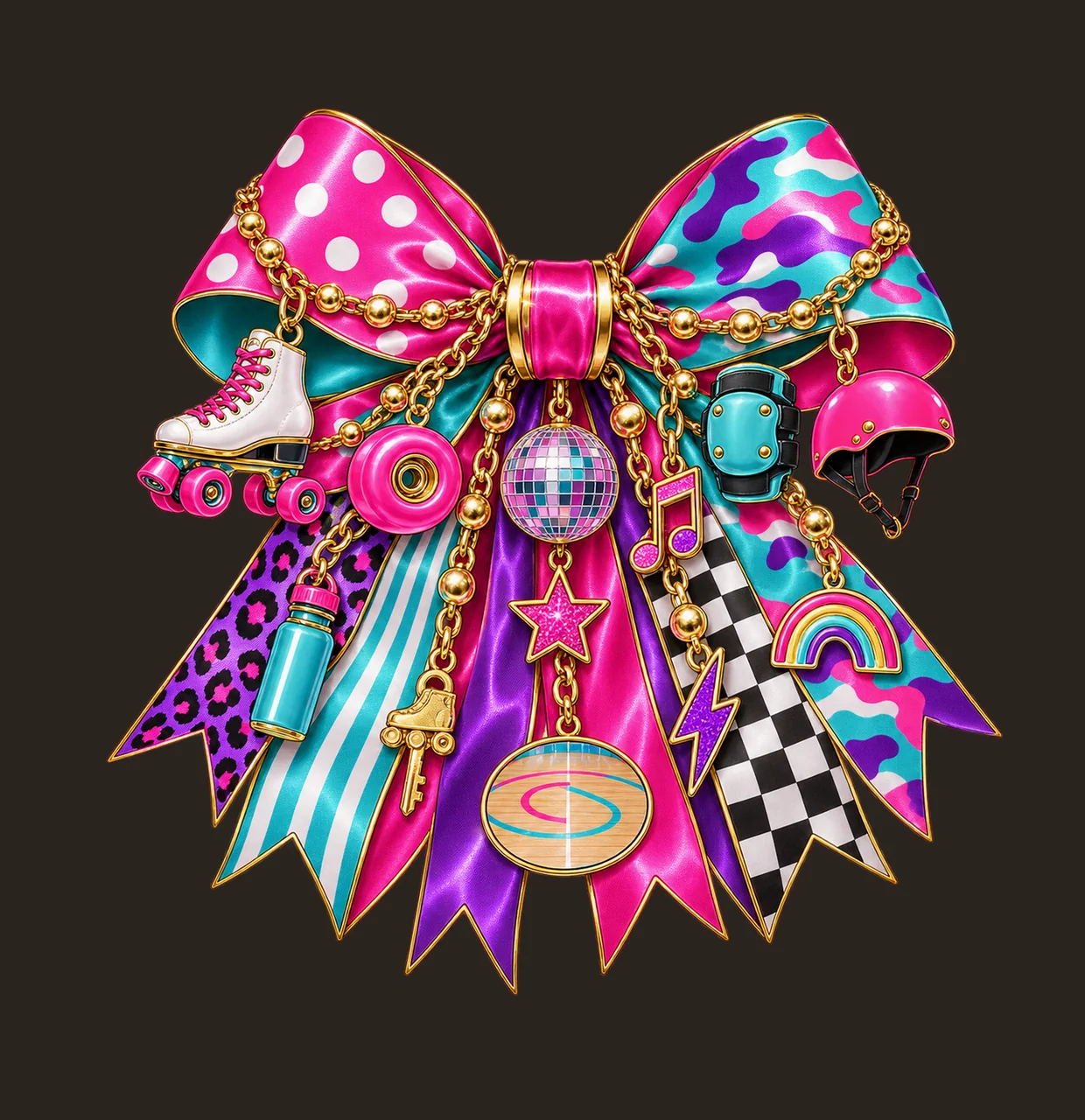 Roller Skater Bow Charm PNG, Themed Gold Chain Charms, Coquette Ribbon Sublimation Design, Transparent Digital Download contrast preview thumbnail