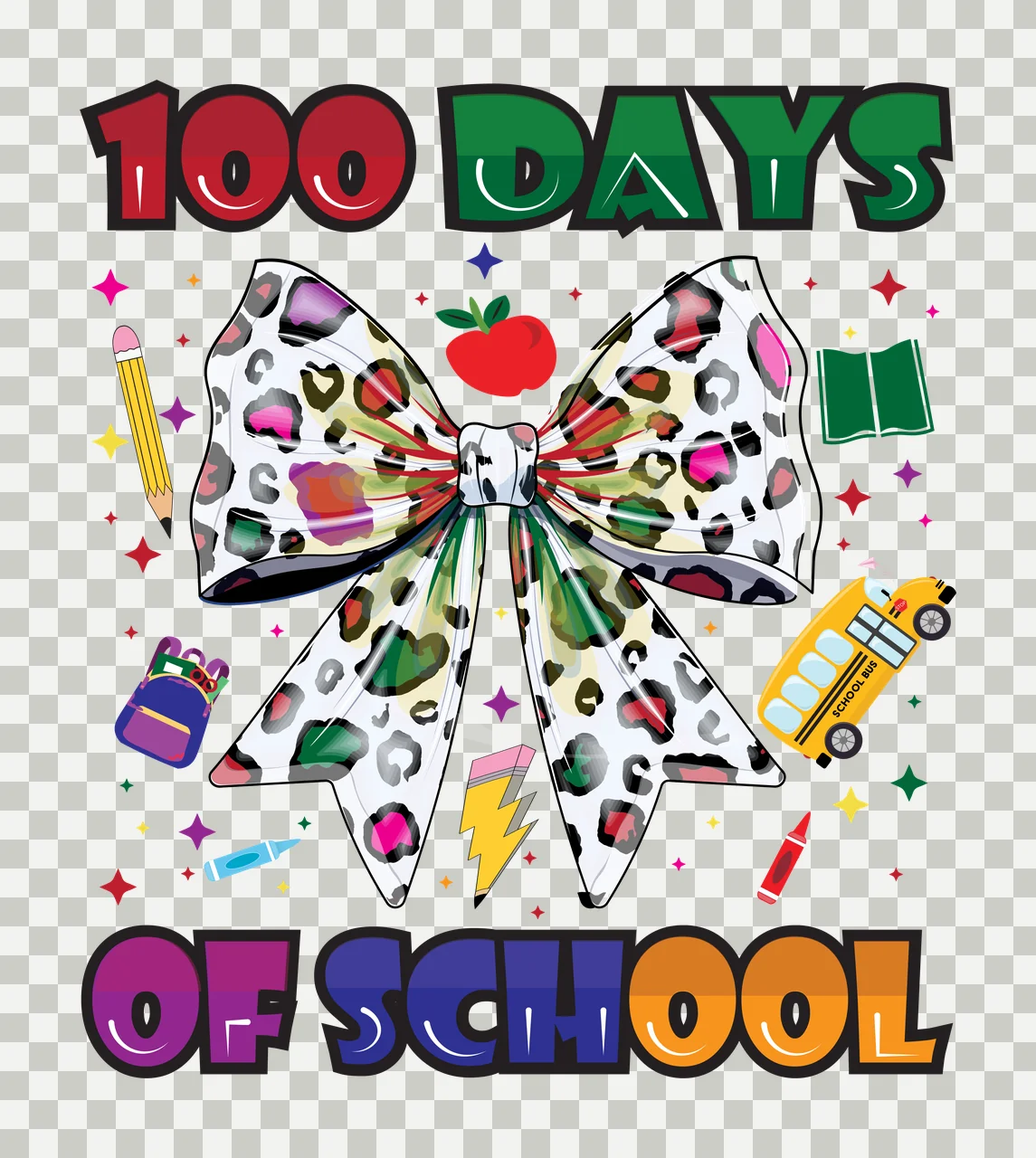 100 Days Of School Large Bow Silhouette apple book star pencil transparency and detail preview thumbnail