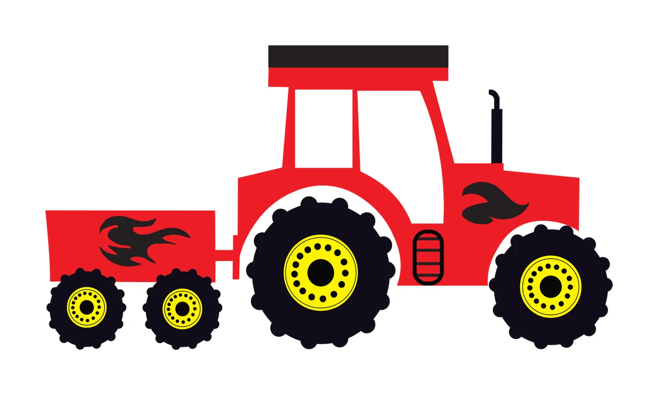 Red tractor with trailer Illustration with flame decals, wheels, exhaust pipe and cab roof in black and yellow