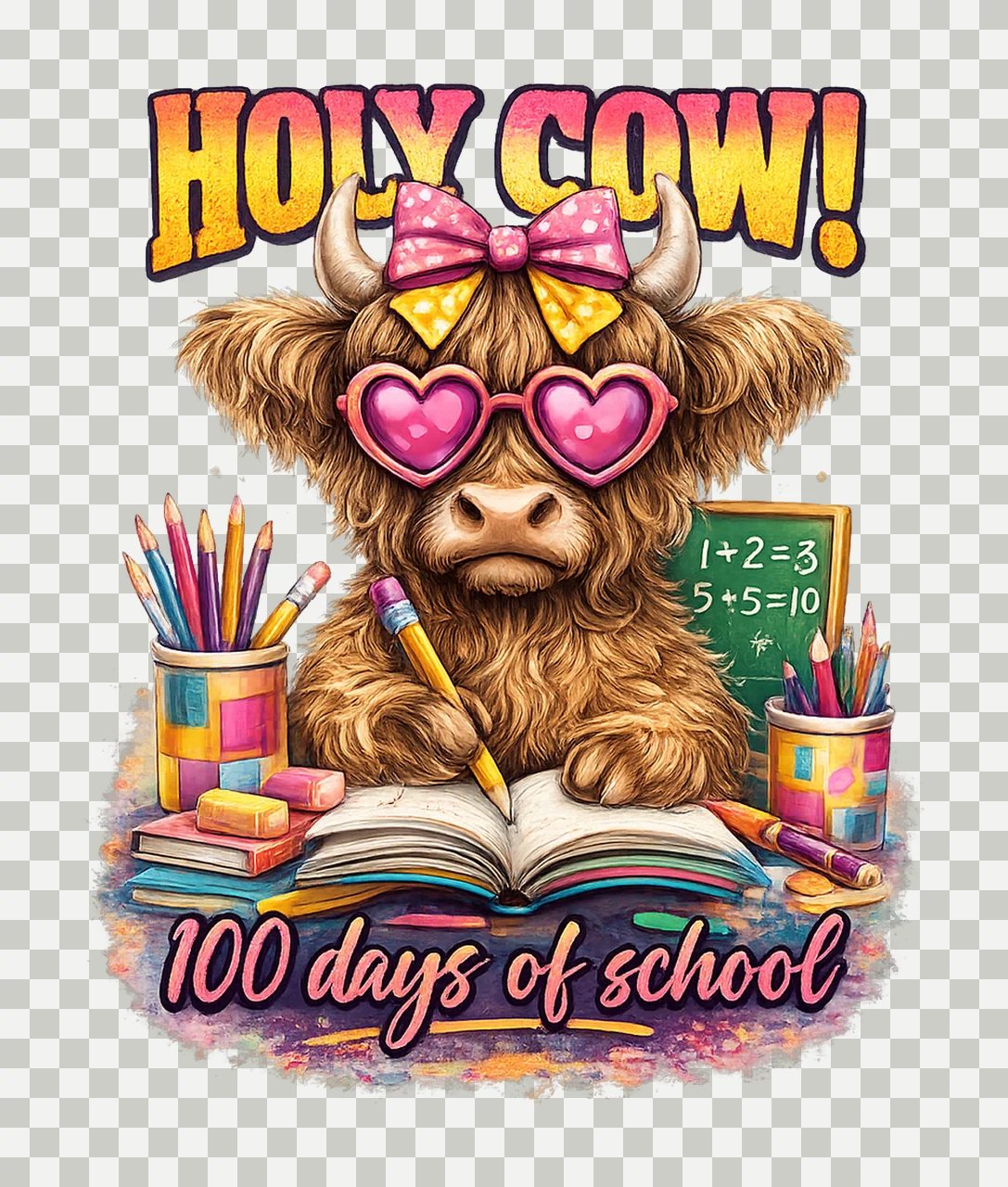 Holy Cow 100 Days Of School Cute Highland Cow Design Happy transparency and detail preview thumbnail