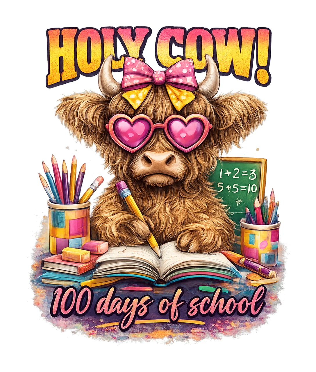 Holy Cow 100 Days Of School Cute Highland Cow Design Happy